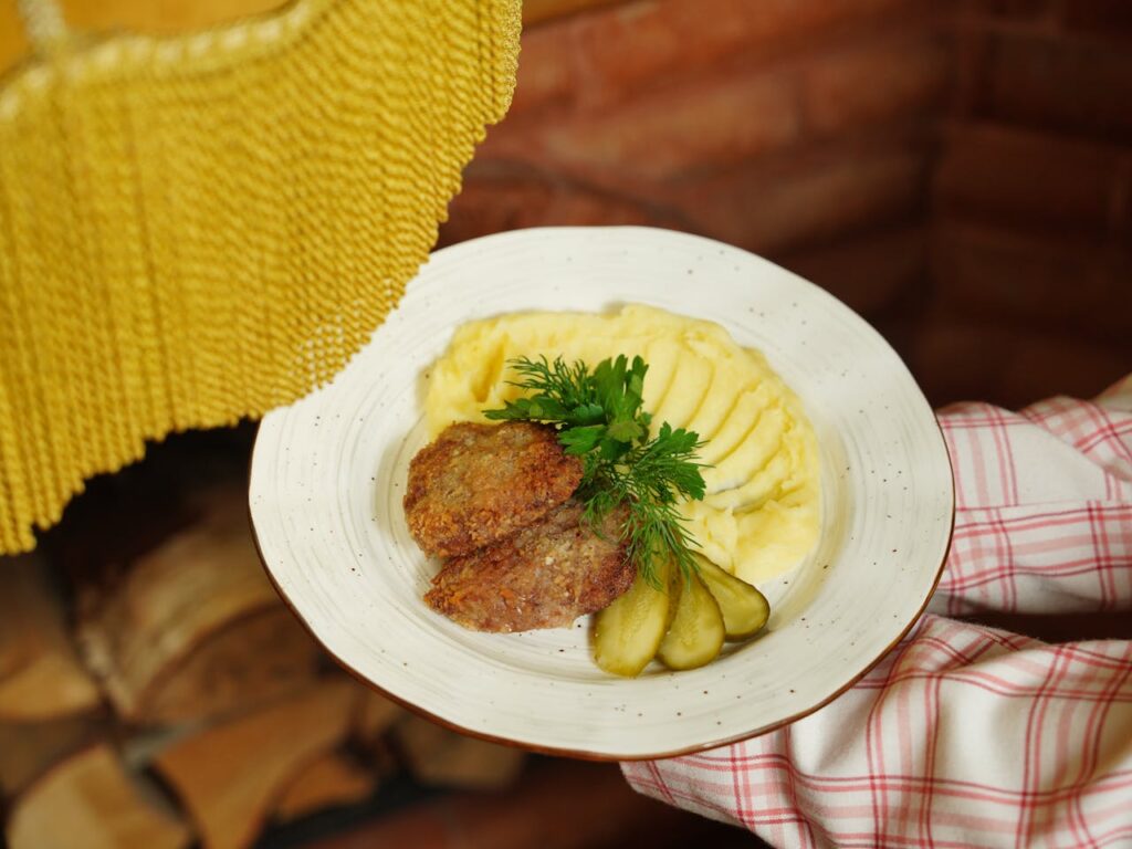pexels-photo-17560416 Close-up of a dinner plate featuring meat, mashed potatoes, and pickled cucumbers, garnished with parsley.